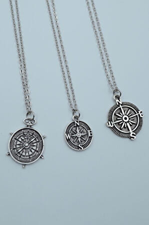 3'lü Pusula Gümüş Kaplama Gümüş Kaplama Kolye Seti