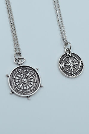 2'li Antik Pusula Minimal Pusula Gümüş Kaplama Kolye Seti