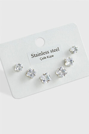 6 Adet Kare Zirkon Tek Taşlı Çelik Küpe ( Büyük Kare )