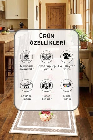 Dınner Bej Dijital Baskılı Yıkanabilir Mutfak Halısı Kaymaz Taban