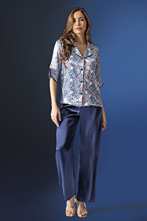 Aria's Closet Çiçek Desenli Saten Mavi Pijama Takım