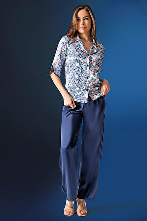 Aria's Closet Çiçek Desenli Saten Mavi Pijama Takım