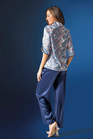 Aria's Closet Çiçek Desenli Saten Mavi Pijama Takım