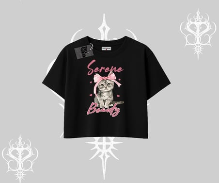 Serene Beauty Kedi Baskılı  Oversize Crop Tshirt