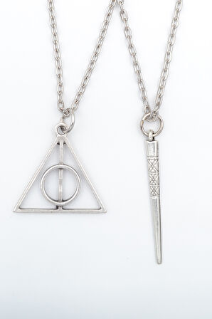 2'li Harry Potter Ölüm Yadigarları Üçgen - Antik Çubuk Gümüş Kaplama Kolye Seti