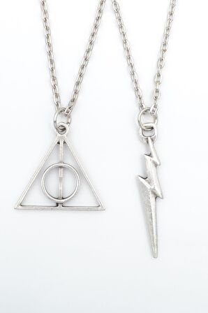 2'li Harry Potter Ölüm Yadigarları Üçgen - The Flash Erkek Kadın Kolye Seti 925 Ayar Gümüş Kaplama