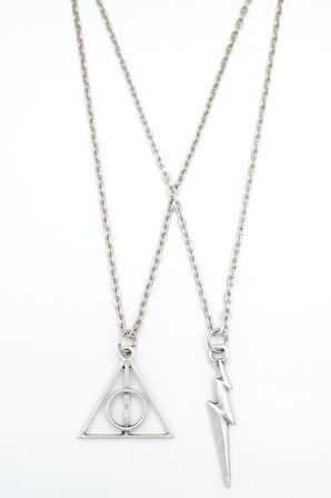 2'li Harry Potter Ölüm Yadigarları Üçgen - The Flash Erkek Kadın Kolye Seti 925 Ayar Gümüş Kaplama