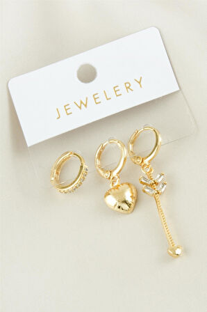 3 Adet Kalp Zirkon Taşlı Küpe