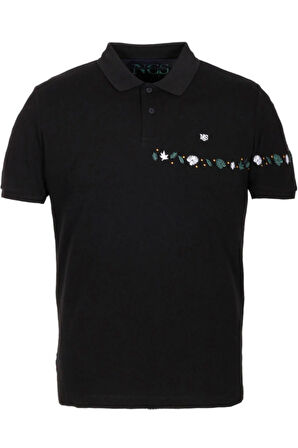 Erkek Polo Yaka Tişört Siyah %100 Pamuk Slim Fit Ribanalı Kol Nakışlı T-shirt NCS JEANS 1169