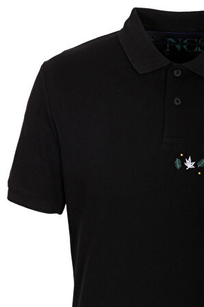Erkek Polo Yaka Tişört Siyah %100 Pamuk Slim Fit Ribanalı Kol Nakışlı T-shirt NCS JEANS 1169
