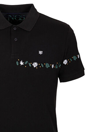 Erkek Polo Yaka Tişört Siyah %100 Pamuk Slim Fit Ribanalı Kol Nakışlı T-shirt NCS JEANS 1169