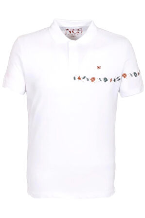 Erkek Polo Yaka Tişört Beyaz  %100 Pamuk Slim Fit Ribanalı Kol Nakışlı T-shirt NCS JEANS 1169
