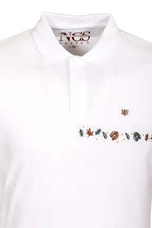 Erkek Polo Yaka Tişört Beyaz  %100 Pamuk Slim Fit Ribanalı Kol Nakışlı T-shirt NCS JEANS 1169