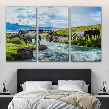 Harita Sepeti Dereden Geçen Atlar Manzaralı Dekoratif Kanvas Tablo 1169