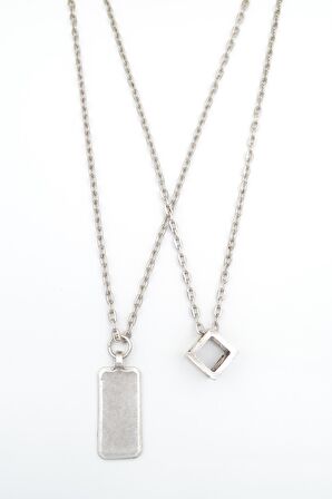 2'li Dikdörtgen - Küp Trend Erkek Kadın Kolye Seti 925 Ayar Gümüş Kaplama