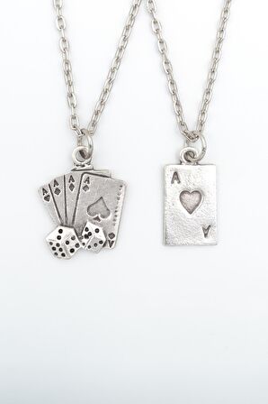 2'li Maça As İskambil - Full As İskambil Zar Erkek Kadın Kolye Seti 925 Ayar Gümüş Kaplama