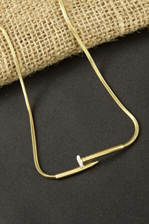 Çivi Zirkon Taşlı Lüks Çelik Kolye