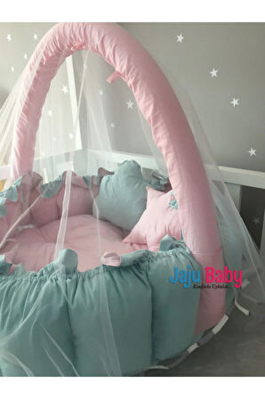 Nest Pembe - Mint Tasarım Lüx Oyun Minderi Jaju-babynest Cibinlik Tül Oyuncak Aparat Set