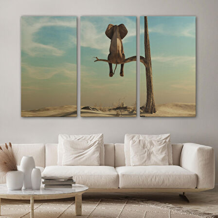 Harita Sepeti Ağaç Dalında Oturan Fil Dekoratif Kanvas Tablo 1171