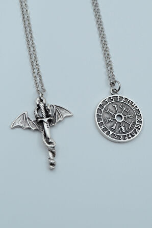 2'li Ejderha Kılıç Viking İşlemeli Pusula Gümüş Kaplama Kolye Seti