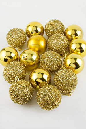 16 Adet Lüks Sarı Renkli Cici Top Yılbaşı Ağaç Süsü