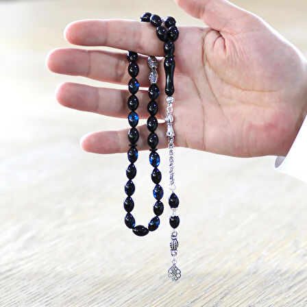 Kararmaz Metal Püsküllü Kişiye Özel İsim Yazılı Mavi-Siyah Sıkma Kehribar Tesbih