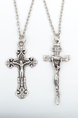 2'li Hz.İsa Haç - Çarmıh Erkek Kadın Kolye Seti 925 Ayar Gümüş Kaplama