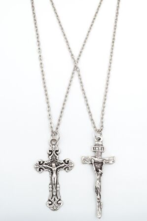 2'li Hz.İsa Haç - Çarmıh Erkek Kadın Kolye Seti 925 Ayar Gümüş Kaplama
