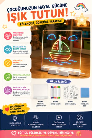  20x20 cm LED Işıklı Çizim ve Boyama Tahtası – Eğitici Çocuk Çizim Seti | 6 Adet Kalem, Şablon Kartları ve Silme Bezi