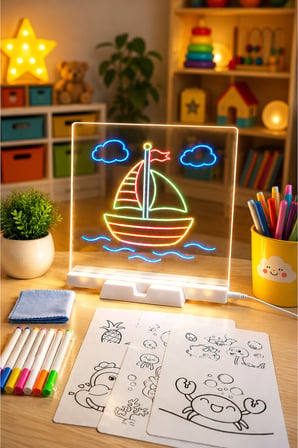  20x20 cm LED Işıklı Çizim ve Boyama Tahtası – Eğitici Çocuk Çizim Seti | 6 Adet Kalem, Şablon Kartları ve Silme Bezi