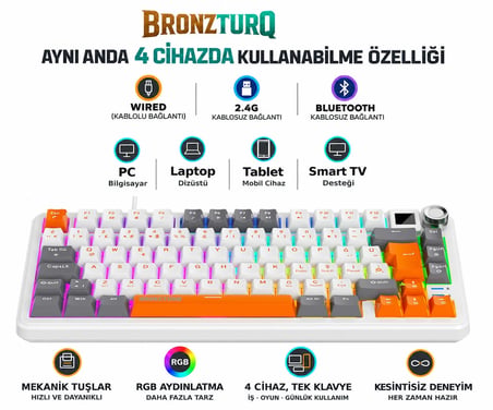  BRONZTURQ MK1173 RAİNBOW RED SWİTCH ÜÇ MODLU (USB+2.4G +BT) KABLOLU MEKANİK KLAVYE