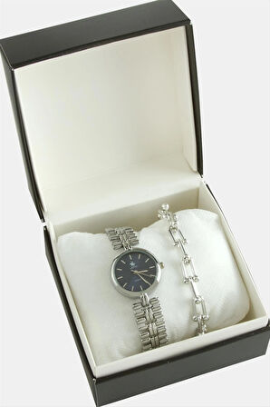 Metal Bayan Kol Saati ve Kutulu Bileklik Kombini