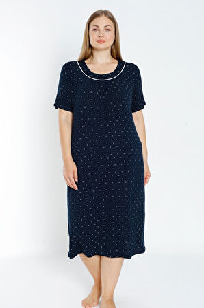 Lacivert Puantiyeli Biyeli Kısa Kollu Esnek Viskon Büyük Beden Gecelik