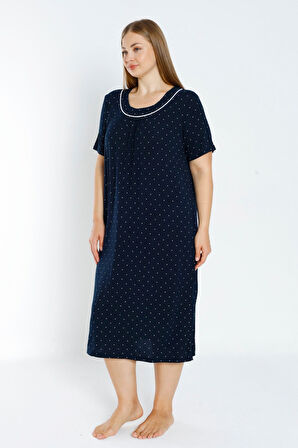 Lacivert Puantiyeli Biyeli Kısa Kollu Esnek Viskon Büyük Beden Gecelik