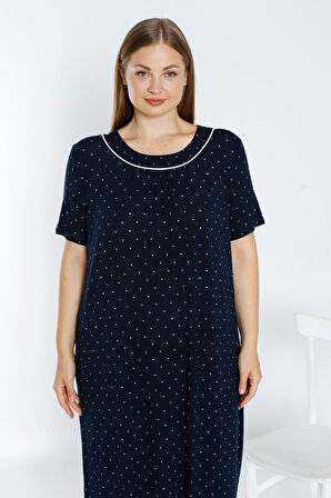 Lacivert Puantiyeli Biyeli Kısa Kollu Esnek Viskon Büyük Beden Gecelik