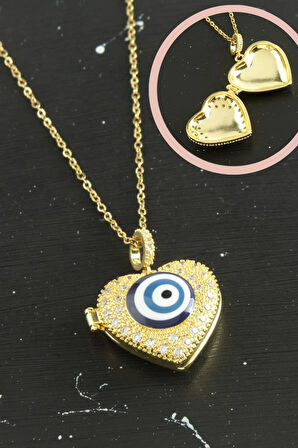 Kalp Nazar Kapaklı Zirkon Taşlı Çelik Kolye