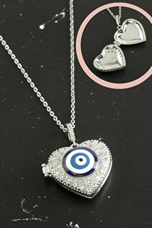 Kalp Nazar Kapaklı Zirkon Taşlı Çelik Kolye