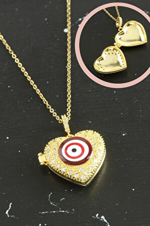 Kalp Nazar Kapaklı Zirkon Taşlı Çelik Kolye