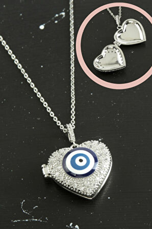 Kalp Nazar Kapaklı Zirkon Taşlı Çelik Kolye