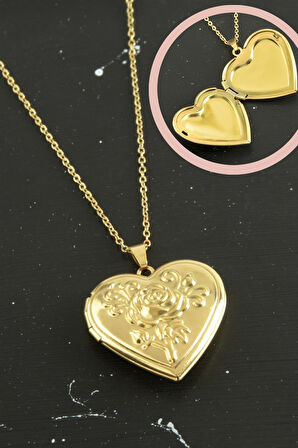 Gül İşlemeli Kalp Kapaklı Çelik Kolye