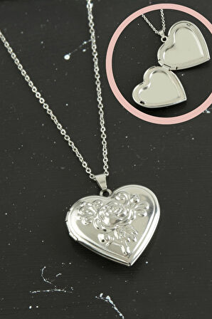 Gül İşlemeli Kalp Kapaklı Çelik Kolye