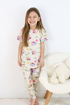 Kız Çocuk Pamuklu Penye Kumaş Baskılı Pijama Takımı 