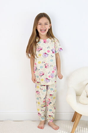 Kız Çocuk Pamuklu Penye Kumaş Baskılı Pijama Takımı 
