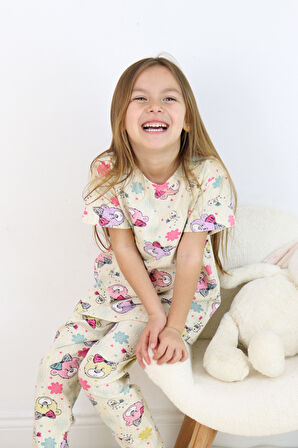 Kız Çocuk Pamuklu Penye Kumaş Baskılı Pijama Takımı 