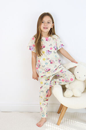 Kız Çocuk Pamuklu Penye Kumaş Baskılı Pijama Takımı 