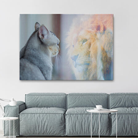 Harita Sepeti Kendini Aslan Gören Kedi Dekoratif Kanvas Tablo 1175