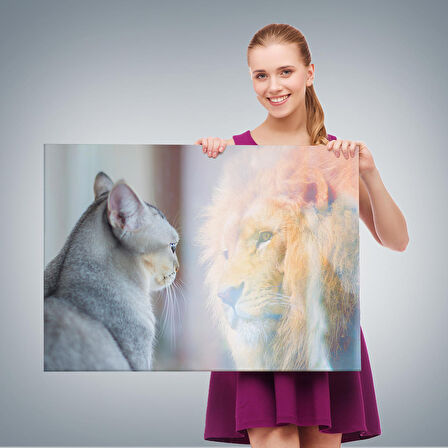 Harita Sepeti Kendini Aslan Gören Kedi Dekoratif Kanvas Tablo 1175