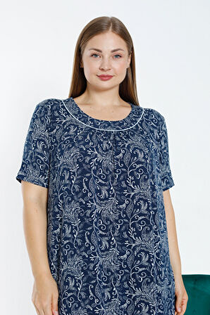 Lacivert Desenli Biyeli Kısa Kollu Esnek Viskon Kadın Büyük Beden Gecelik