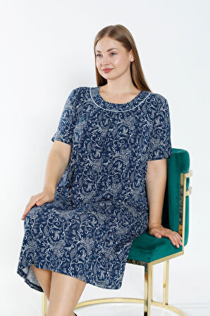 Lacivert Desenli Biyeli Kısa Kollu Esnek Viskon Kadın Büyük Beden Gecelik