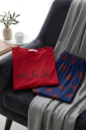 Kadın Desenli Bambu Viskon Uzun Kollu Soft Örme Mevsimlik Pijama Takımı